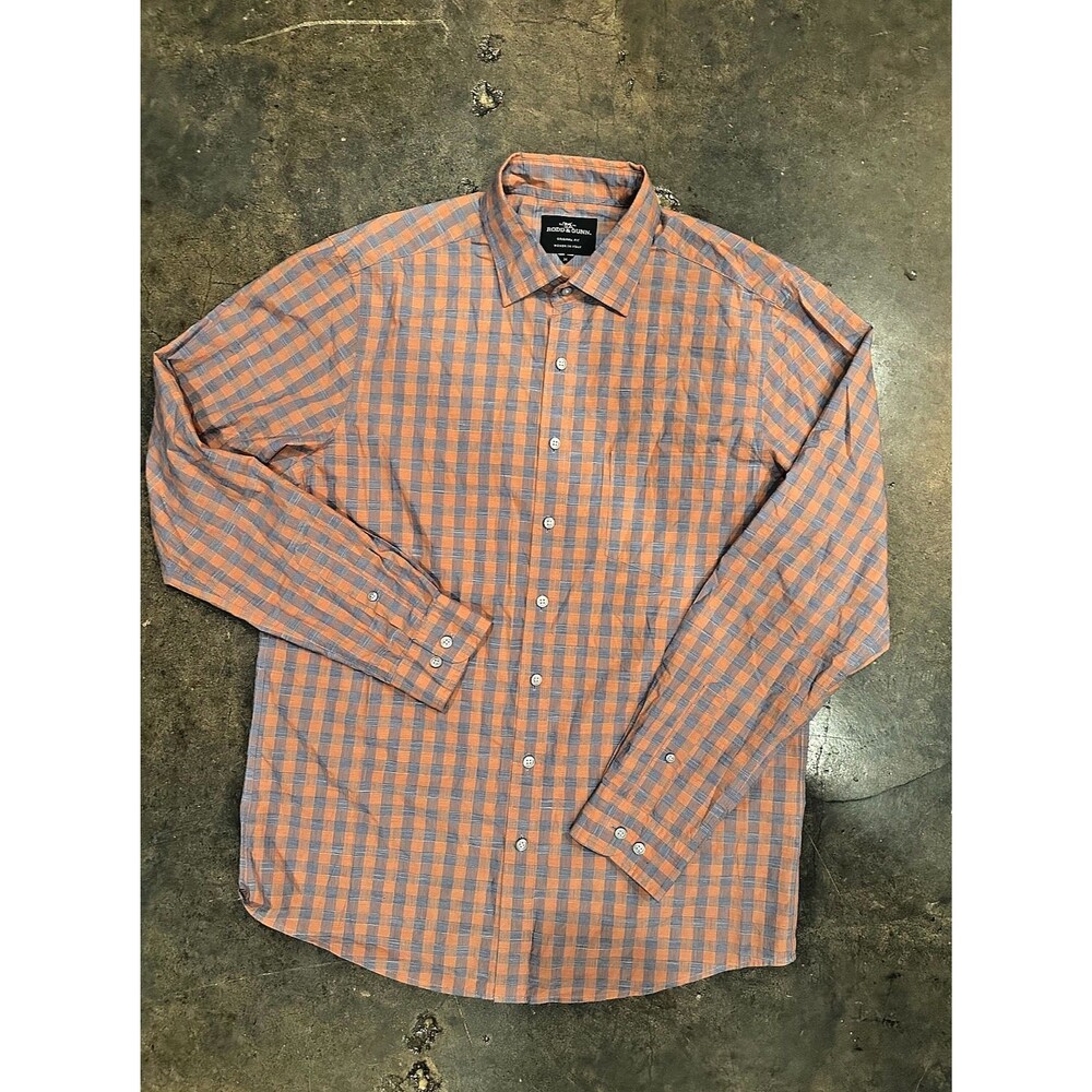 Rodd & Gunn Button Up Shirt Mens Medium Orange Blue Check Plaid Long Sleeve